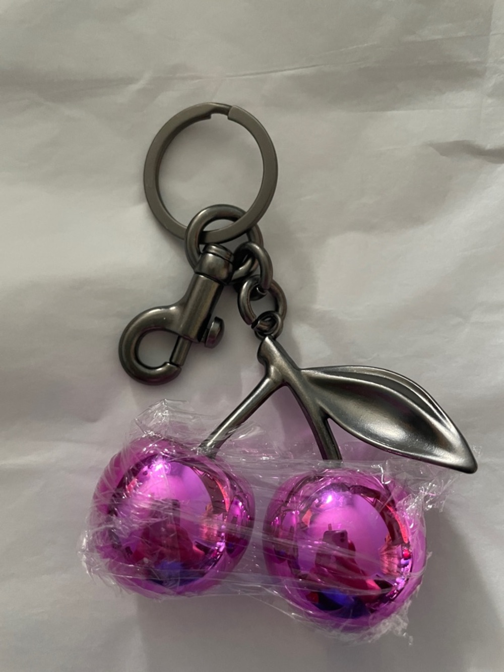 Bag charm. Metal Cherry Keychain with Pink Mirror Balls